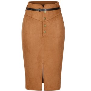 INSPIRE CHIC Women's Faux Suede High Rise Button Front A-line Slit Skirt - 1 of 4