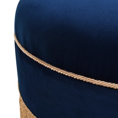 Navy Blue Velvet Tufted Round Ottoman with Fringe