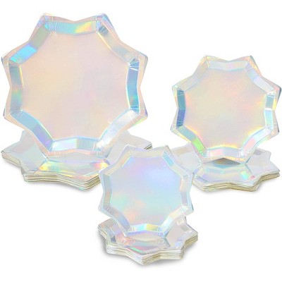 Sparkle and Bash 72 Pack Holographic Octagon Shaped Disposable Party Plates, Iridescent Plates in 3 Sizes
