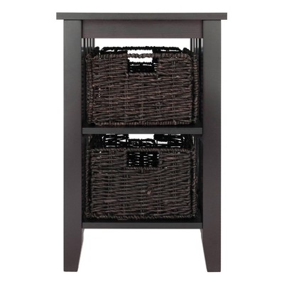 Traditional Espresso Square Wood Side Table with Storage Baskets