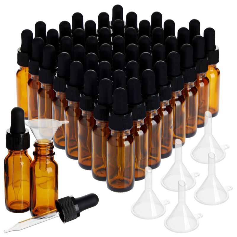 Juvale 48 Pack of 0.5oz Amber Glass Bottle with Dropper Dispenser and 6 Funnels for Essential Oils, Travel, Perfumes, Liquids, 54 Total Pieces, 15ml, 1 of 10
