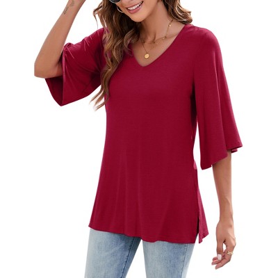 Women's 3/4 Bell Sleeve Shirt Loose Fit V Neck Blouse Cute Tops