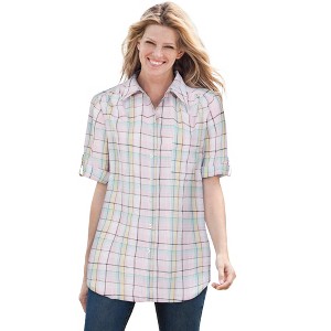 Woman Within Petite Short-Sleeve Button Down Seersucker Shirt - 1 of 4