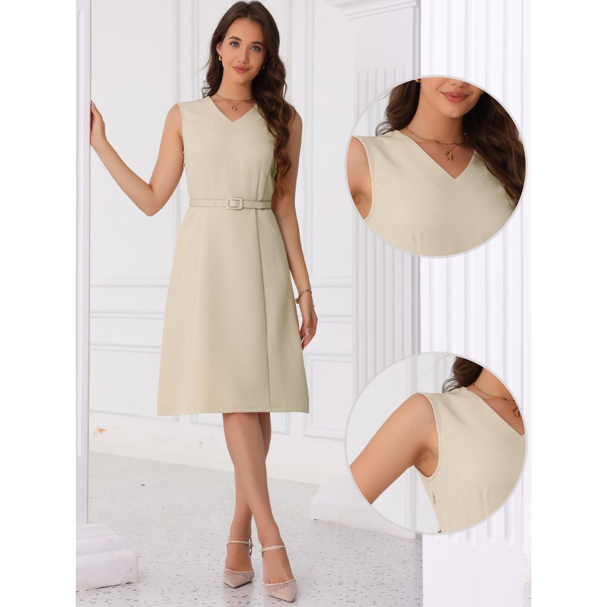 Женские платья INSPIRE CHIC Women's Work Office V Neck Sleeveless Belt Waist Midi Dress X-Small Dark Beige — фото 3