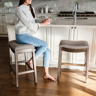Adrien 31" Gray Wirebrush Wood Saddle Bar Stool, Set of 2