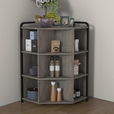 Corner Cabinet Storage with USB Ports & Outlets, Modern Triangle Storage Rack with 9 Cubbies, Wooden Display Bookshelf Bookcase