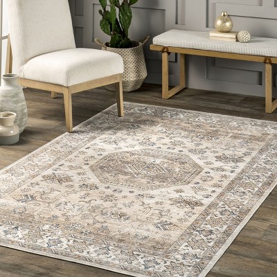 Beige and Ivory Synthetic Washable 4' x 6' Area Rug