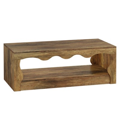 Resenkos Rustic Wood Coffee Table with Wavy - Edge Design, Living Room Center Table with Storage Shelf Brown