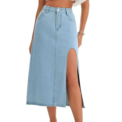 INSPIRE CHIC Women's Denim High Waist A-Line Thigh Split Midi Skirt