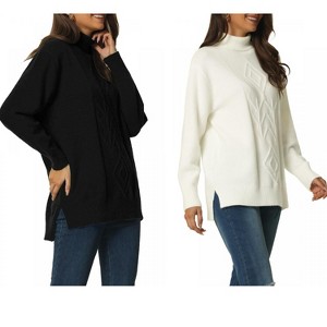 INSPIRE CHIC Women's Solid Fall Winter Turtleneck Long Sleeve Spilt Hem Tunic Pullover Sweater 2 Packs - 1 of 4