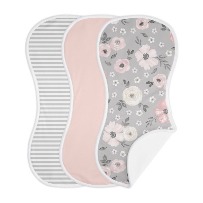 Image of Sweet Jojo Designs Girl Baby Burp Cloths Watercolor Floral Grey Pink and White 3pc