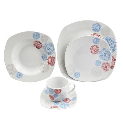 Lorren Home Trends Porcelain 20 Piece Square Dinnerware Set Service for 4-Blue/Red