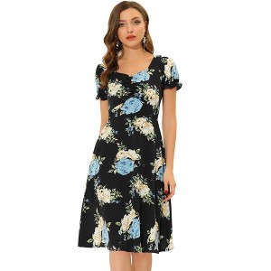 Allegra K Women's Floral Sweetheart Neck Smock Ruffle Print A-Line Dress - 1 of 4