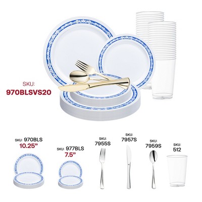 White and Blue Royal Rim Plastic Wedding Dinnerware Set - 60 Settings