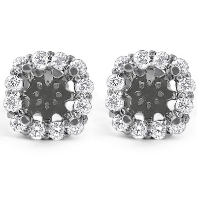 Pompeii3 5/8ct Diamond Cushion Halo Studs Mounting Fits 5.5-6.5mm Round Stones 14k White Gold
