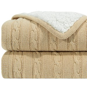 Cotton Cable Knit Blanket, Soft Warm Fleece Knitted Bed Blanket - NTBAY - 1 of 4