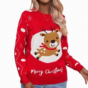 Womens Ugly Christmas Sweater 2024 Long Sleeve Holiday Sweaters with Festival Patterns Knitted Pullover Sweaters - 1 of 4