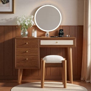 FONTOI 39"W Retro Bohemian Style Wooden Makeup Vanity Set with Charging Plug Stool and 3 Drawers for Bedroom Dressing Room, Brown, 39"*15.6"*29.6" - 1 of 4