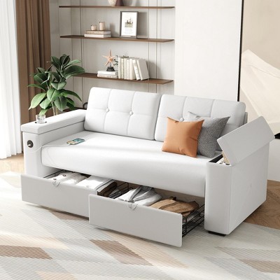Modern Sofa, 74 inch 2 Seat Couches with 2 Drawers, 2 Flip-up Storage, Cup Holders & USB Charging Ports, White