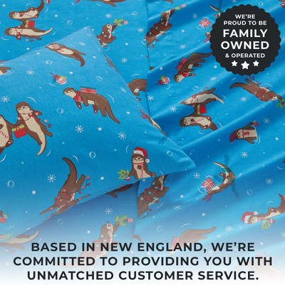 Full Size Otters in Snow Blue Cotton Flannel Sheet Set