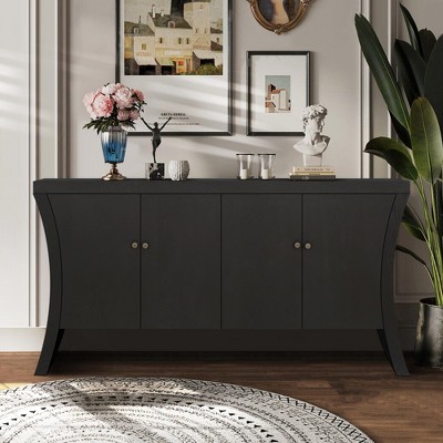 VYNXARIA Industrial 4-Door Credenza with Wooden Arc Legs & Bronze Clasps for Stylish Storage