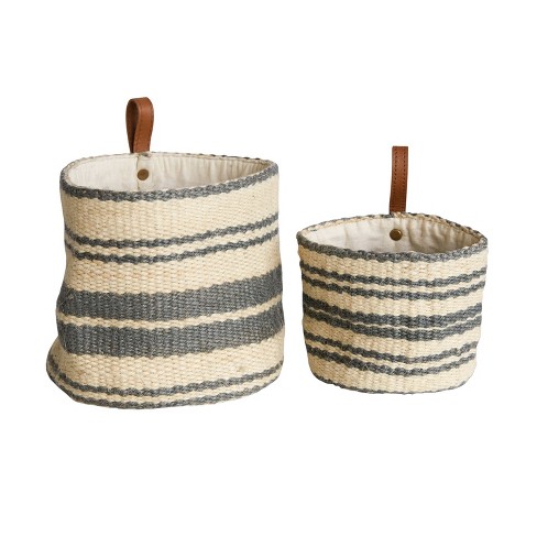 Woven Leather Basket With Strap Set of 2