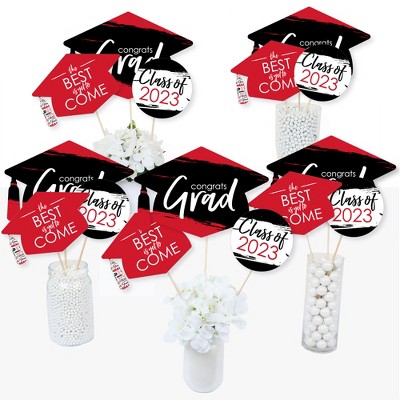 Big Dot of Happiness Red Grad - Best is Yet to Come - 2023 Red Graduation Party Centerpiece Sticks - Table Toppers - Set of 15