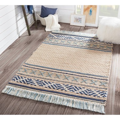 Esme Blue and Beige Geometric Wool Cotton Rug