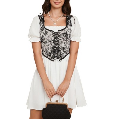 BLUEMING Bustier Tops for Women Vintage Floral Front Lace Up Bodyshaper Strappy Corset Tops Overbust Boned Bustier Bodice, Black flowe - S