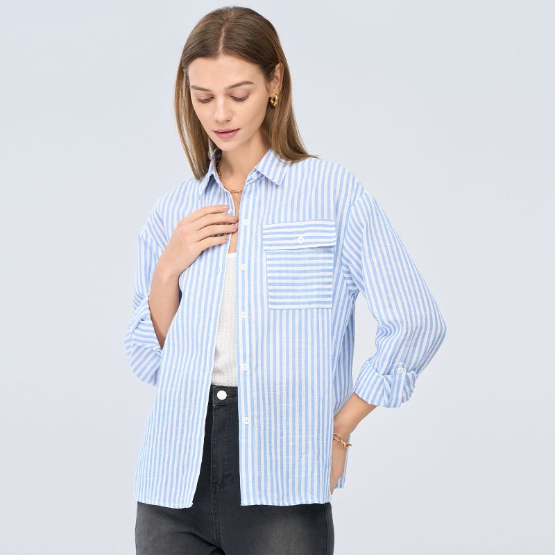 Women's Striped Flap Pocket Dropped Long Sleeve Shirt -Cupshe, 5 of 14