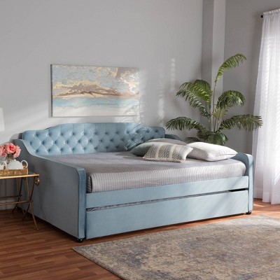 Light Blue Velvet Upholstered Tufted Full Daybed with Trundle