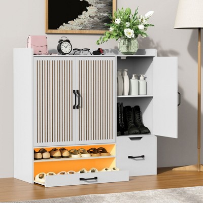 PDTEND Multi-Functional Shoe Cabinet with Adjustable Shelves, Stool, Retractable toe-kick drawer, White