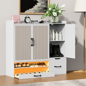 PDTEND Multi-Functional Shoe Cabinet with Adjustable Shelves, Stool, Retractable toe-kick drawer, White - 1 of 4