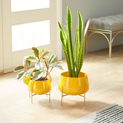 Set of 2 Yellow Metal Planters with Stands