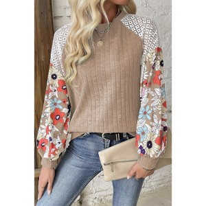 Laurel Green Floral Patchwork Long Sleeve Ribbed Blouse - 1 of 1
