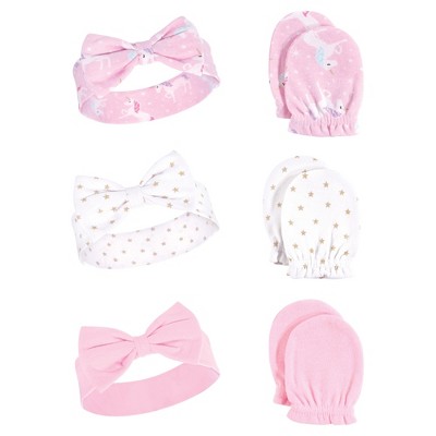 Hudson Baby Infant Girl Cotton Headband and Scratch Mitten 6pc Set, Unicorn, 0-6 Months