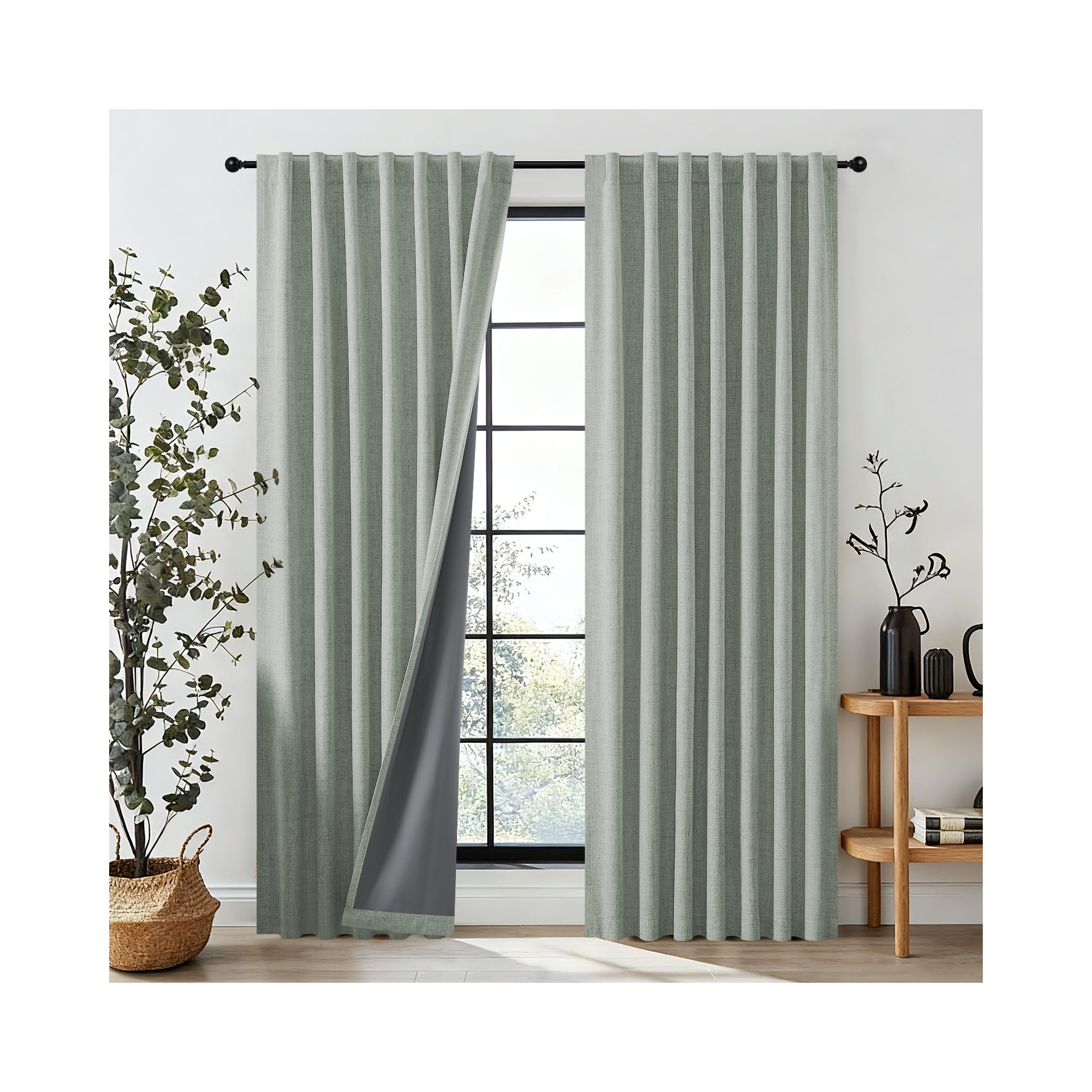 JoyDeco 52" x 84" Sage Geen Thermal Insulataed Faux Linen Textured 100% Blackout Curtains for Bedroom Rod Pocket & Back Tabs (Set of 2)