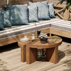 JIONJOY Rustic Round Coffee Table Set – Farmhouse Style 2-Piece Semi-Circle Wood Table, Natural Finish for Living Room, Lounge, or Family Space - 1 of 4