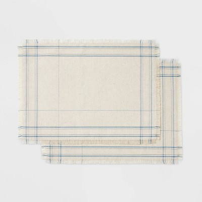 2pk Plaid Placemats Blue - Threshold™ designed with Studio McGee: Cotton & Linen, Rectangle, Machine Washable