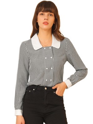 Allegra K Women's Contrast Peter Pan Collar Blouse Gingham Long Sleeve Button Front Shirt