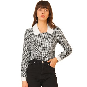 Allegra K Women's Contrast Peter Pan Collar Blouse Gingham Long Sleeve Button Front Shirt - 1 of 4