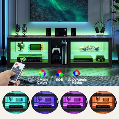 Black Marble 63-inch TV Stand with LED Lights and Glass Shelves