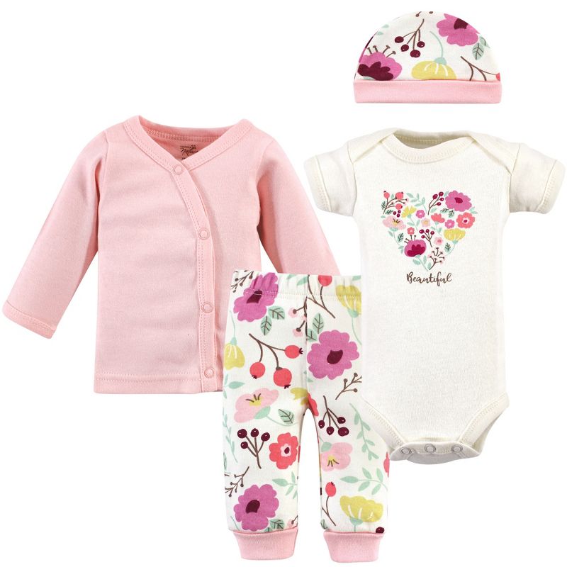 Touched by Nature Baby Girl Organic Cotton Preemie Layette 4pc Set, Botanical, Preemie, 1 of 7
