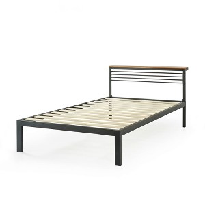 Twin HYLEE Metal & Wood Platform Bed Frame with Low Headboard Shelf, Mellow - 1 of 4