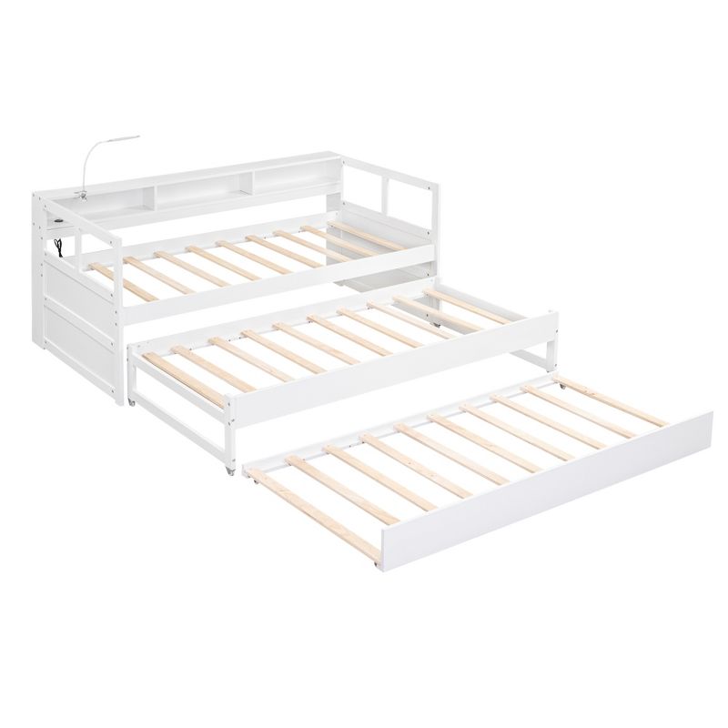 Twin XL Wood Daybed with 2 Trundles, 3 Storage Cubbies, 1 Light for Free and USB Charging Design - ModernLuxe, 4 of 13