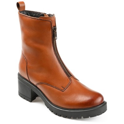 Journee Signature Womens Genuine Leather Norrah Round Toe Stacked Combat Booties