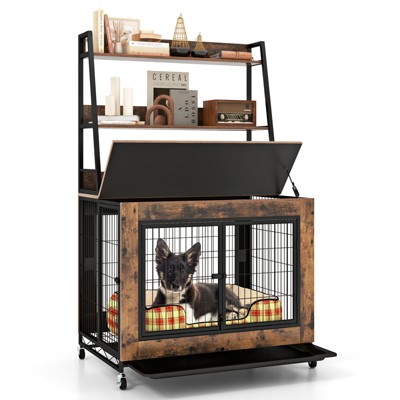 Tangkula Dog Crate Furniture w/ Storage Shelves Industrial Dog Kennel w/ Flip-up Top