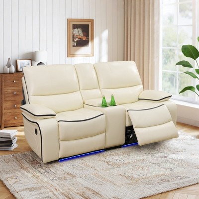 MAYEERTY Power Reclining Loveseat, Electric 2-Seat Leather Recliner with USB Charging, Storage & Cup Holders for Living Room, Off-White