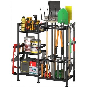 3-Tier Garage & Garden Tool Organizer - Heavy-duty freestanding rack with shelves & long-handled slots for yard shed & lawn. - 1 of 2