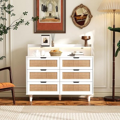 Rattan 6-Drawers Storage Cabinet, 43.31" Dresser with LED Lights and Power Outlet for Entryway, Living Room, Hallway, Bedroom